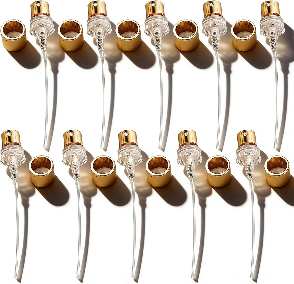 10 spuitmonden voor parfumflessen, parfumverstuiver, goudkleurige kunststof, brede rand, pompkop, mini-sproeimond, parfumaccessoires