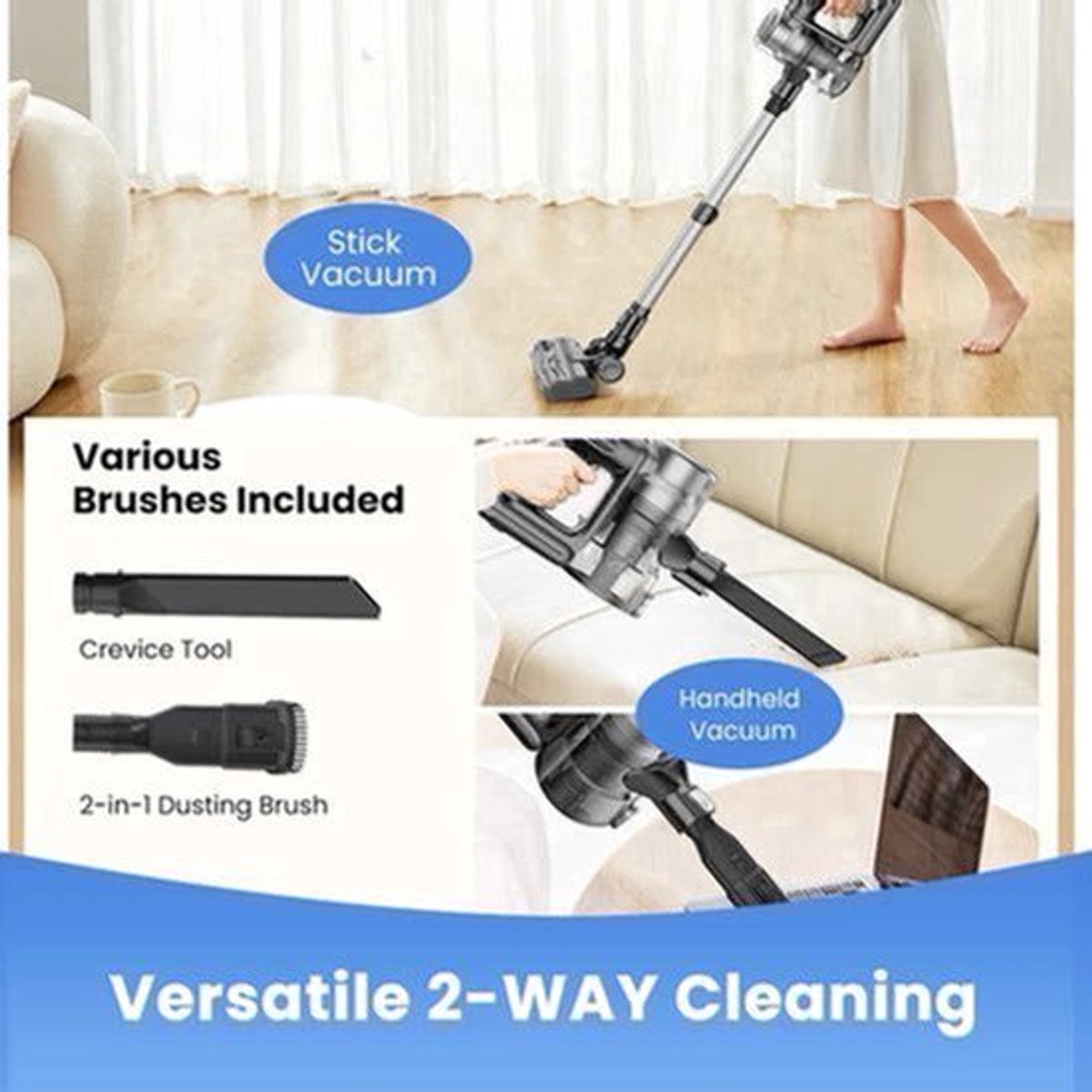 Draadloze Stofzuigers - Stofzuiger - Vacuum Cleaner - met Groen Licht - Anti-klit Rolborstel - 35000Pa - 400W - 2500mAh - Hoogte Verstelbaar Buis - Grijs