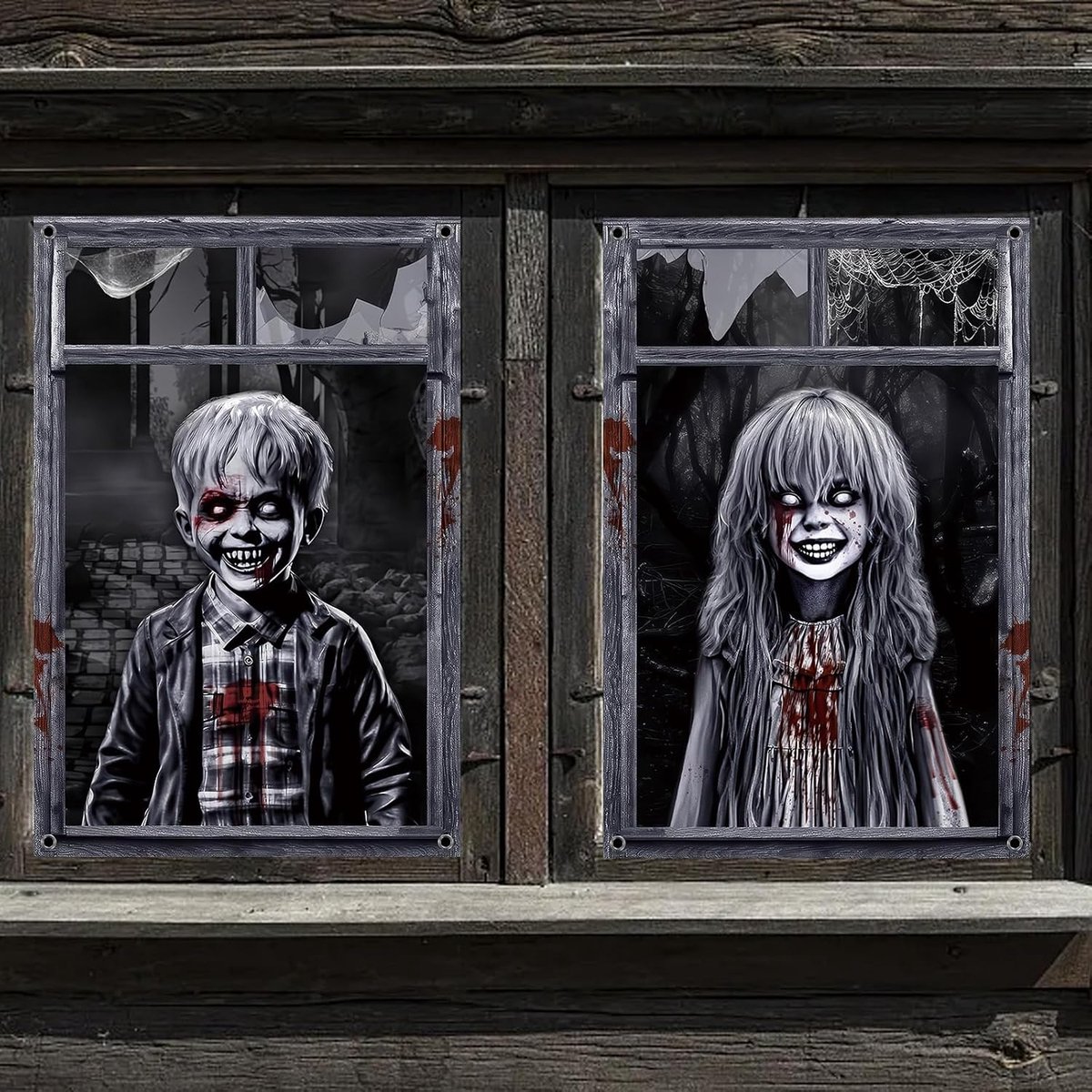 Raamafbeeldingen, griezelig, 2 stuks, 80 x 120 cm, horror, raamdecoratie, gordijn, griezelige decoratie, raam voor Halloween, carnaval, binnen, buiten, tuin, voordeur (C)