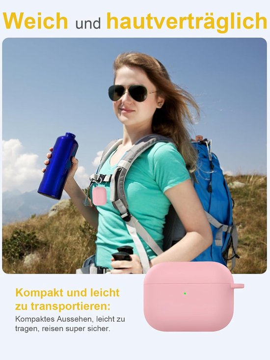 draadloze hoofdtelefoon voor AirPods/AirPods Pro, zachte siliconen beschermhoes, huidvriendelijk etui met karabijnhaak, volledige bescherming, roze — afbeelding 5