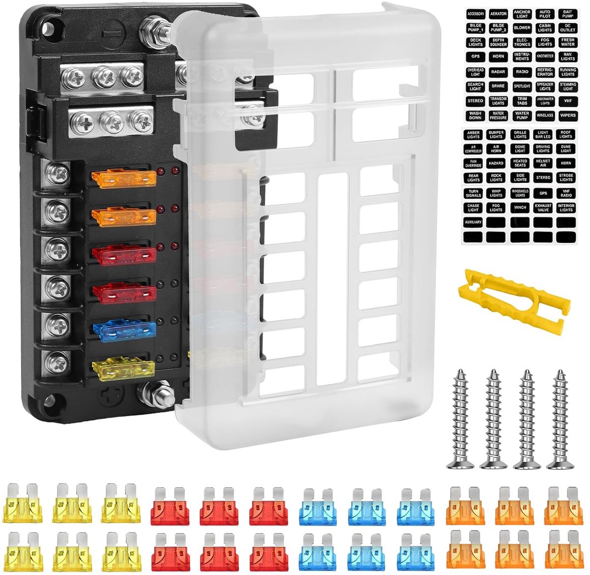 Zekeringhouder, zekeringhouder, 12 volt zekeringblok ATC/ATO autozekeringkast met led-display, met beschermkap voor DC 12 V/24 V auto, vrachtwagen, boot, bestelwagen, SUV