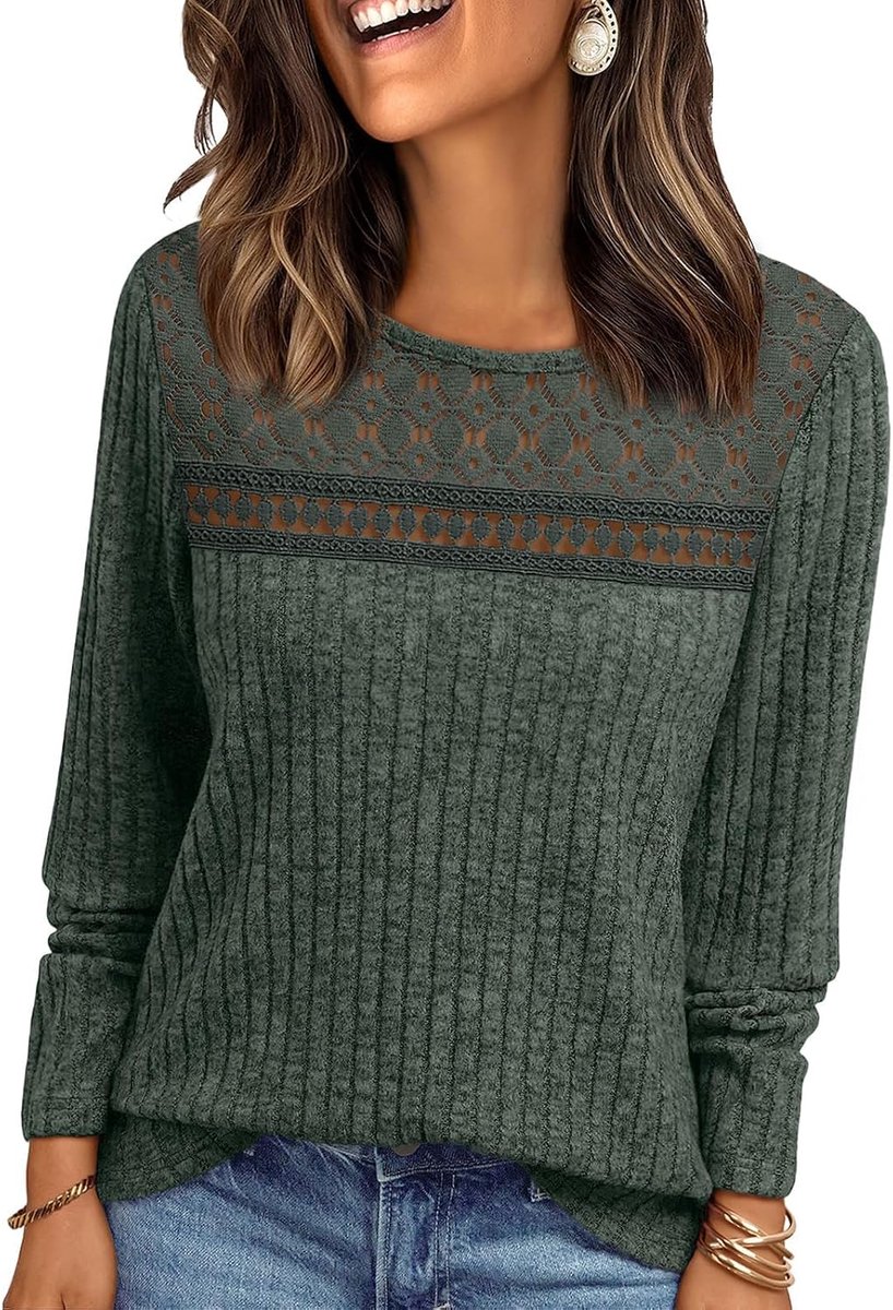 Trui voor dames, lichte gebreide trui, casual, ronde hals, lange mouwen, herfst, winter, elegante trui, bovenstuk, top met kant, effen, lange mouwen, tuniek