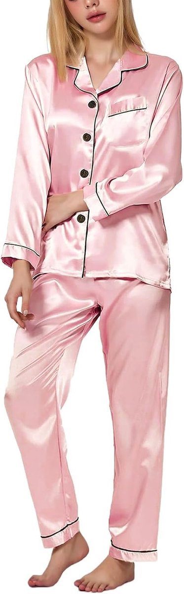 Pyjama voor dames, lang, modieuze damespyjama, tweedelige nachtkleding, huispak met knoopsluiting, knuffelpyjama's en pyjamabroek