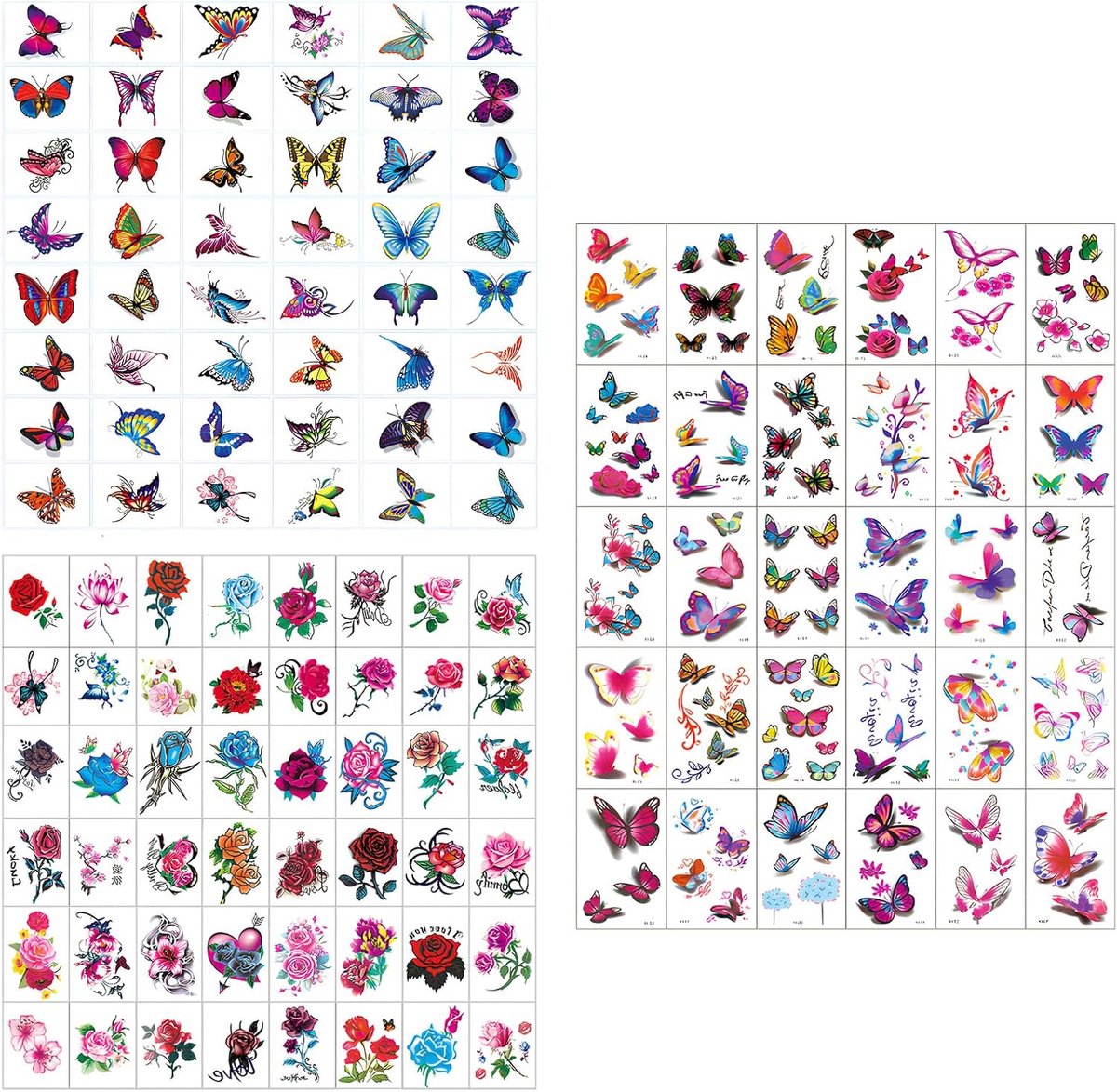 Tijdelijke tatoeages voor volwassenen en kinderen, kleurrijke tatoeages, bloemen en vlinders, zelfklevende tatoeages voor volwassenen, met 30 3D-vlinders, realistische neppatoeages om op te plakken