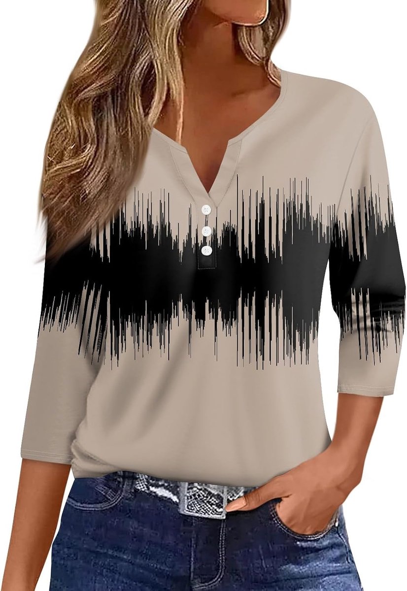 V-hals trui met knoopsluiting, 3/4 mouw, geschikt voor herfst en winter