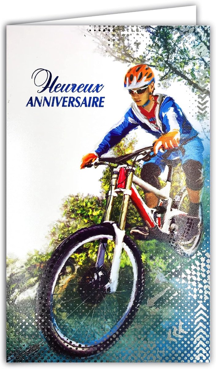 15-6477 Gelukkig VERJAARDAG Blauw Glanzend Blauw voor Jongen Man Sportief Liefde Fietsen MTB Natuurwandeling Geïllustreerde Kaart Zilver Glanzend Papier met Witte Envelop, 12 x 19,5 cm