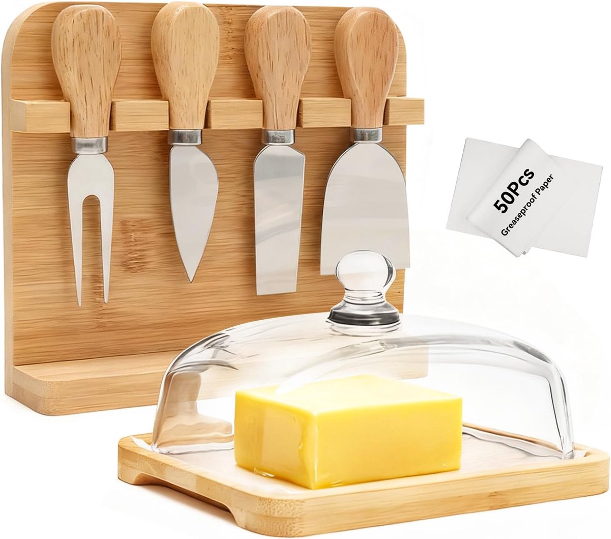 Boterschotel met botermes, boterplank, 5 stuks