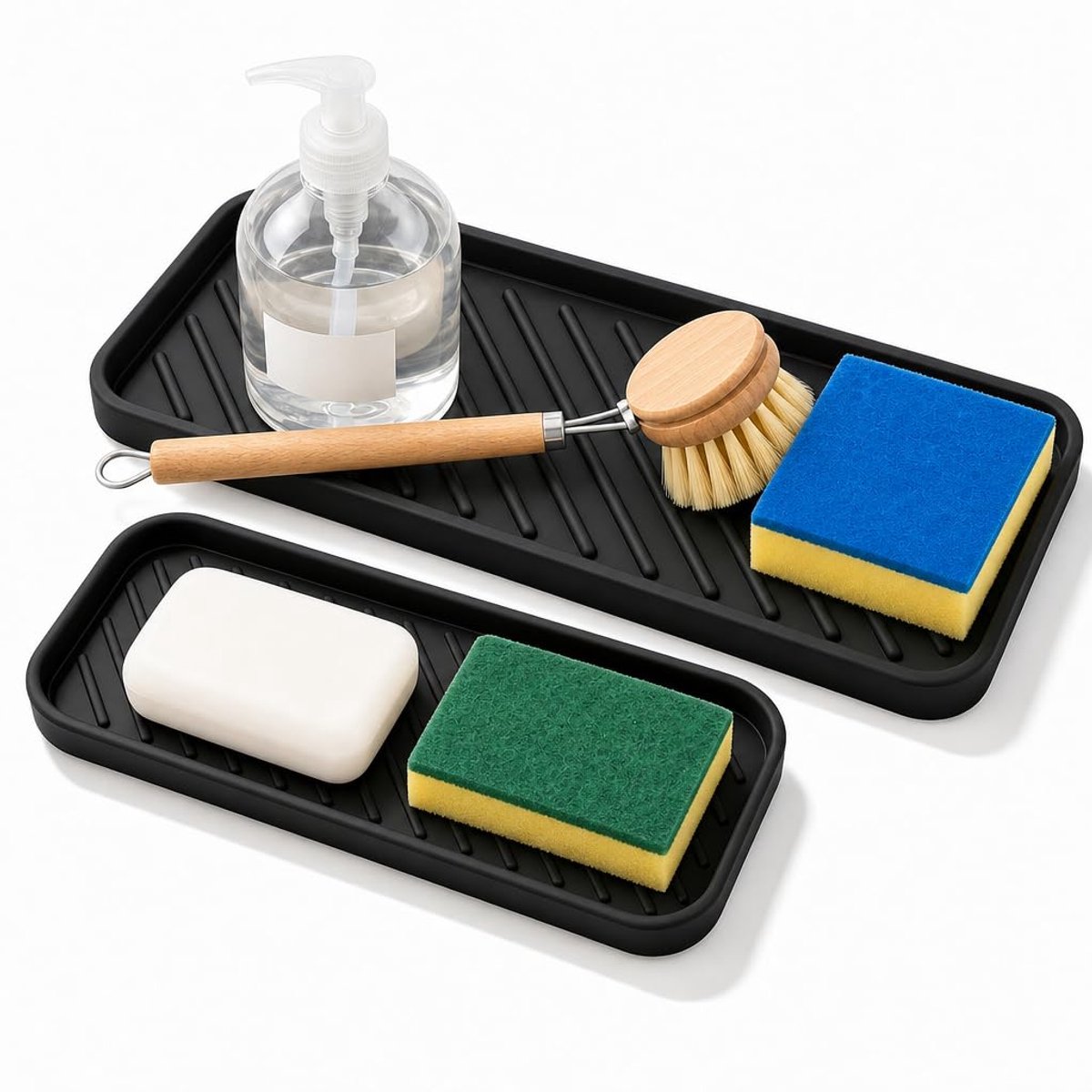 Famanu – Zwarte gootsteenorganizer, 30,5 x 12 cm/23 x 9 cm, afdruipmat, gootsteen, keuken, badkamer, organizer voor sponzen, borstels en zeep (2 stuks)