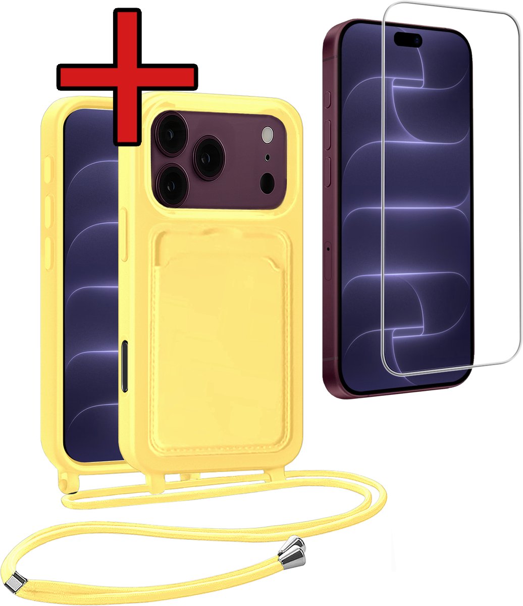 Hoesje Geschikt voor iPhone 18 Pro Hoesje Siliconen Case Met Koord Met Screenprotector - Hoes Geschikt voor iPhone 18 Pro Hoesje Backcover Met Telefoonkoord - Geel