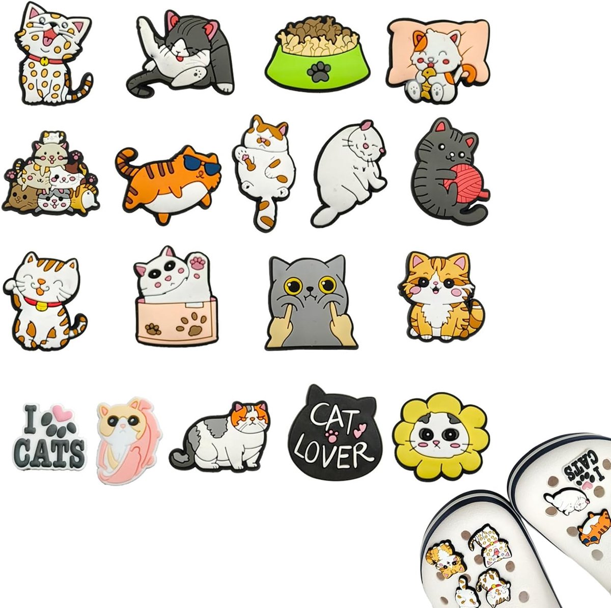 18 stuks schoenen charm, cartoon kat schoenen charm Niedliche schoenen decoratie schoenenpins Crocs-pins cartoon schoenen decoratie voor schoenen DIY decoraties feesten cadeau