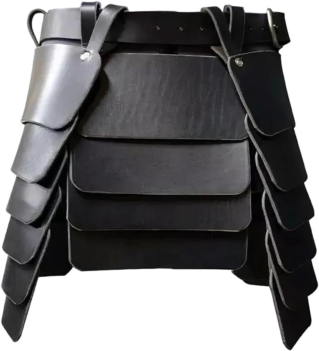 Driezijdige dijpantser middeleeuwse Viking brede taillegordelpantser rok PU lederen huurlingen ridderrok met brede gespgordel voor LARP cosplay kostuum make-up feest (zwart)
