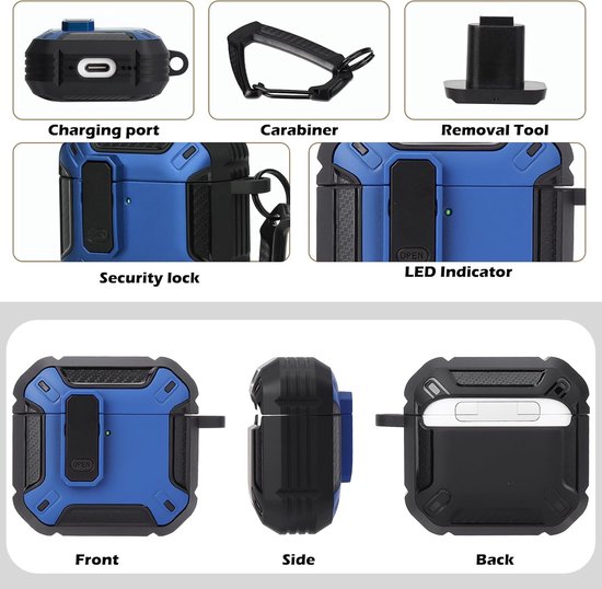 Hoes compatibel met 2024 Airpods 4e generatie, TPU-materiaal met vergrendelingsafdekking en sleutelbandhaak, dubbellaags stof- en schokbestendig, robuuste hoes, led-licht zichtbaar (zwart en blauw) — afbeelding 2