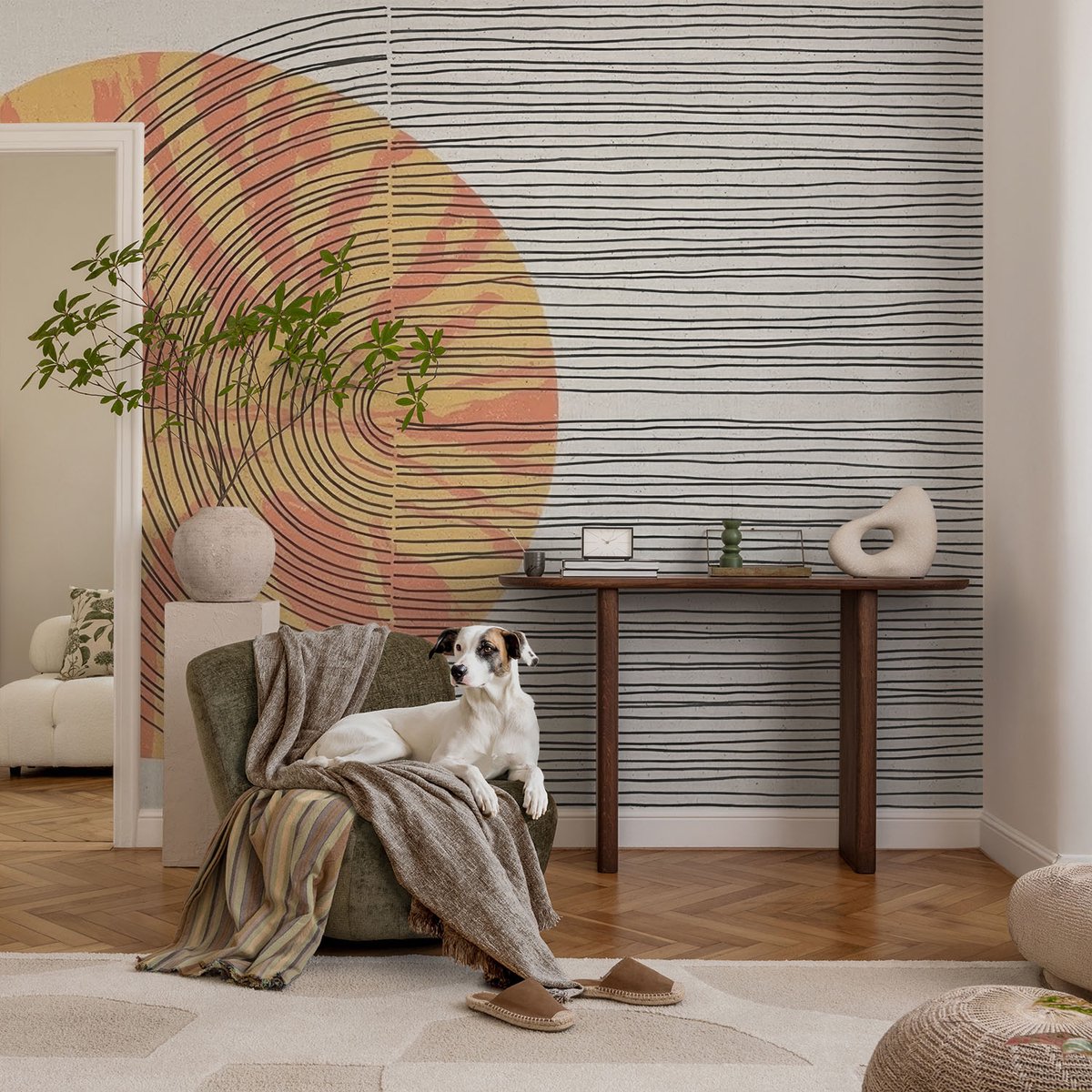 Coloray Vliesbehang - Grijs Snellijm Behang - 104x70 cm - Cirkel Met Lijnen Muurschildering - Slaapkamer behang Abstractie - Fotobehang Vlies - Slaapkamer behang
