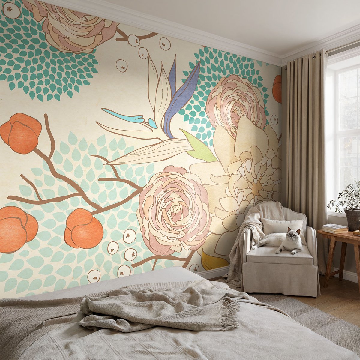Coloray Vliesbehang - Wit Snellijm Behang - 104x70 cm - Bloemenfantasie Fotobehang Vlies - Woonkamer behang Bloemen En Planten - Muurschildering - Woonkamer behang
