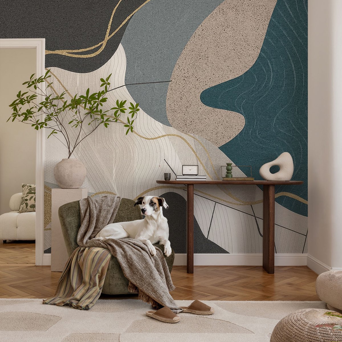 Coloray Vliesbehang - Grijs Snellijm Behang - 104x70 cm - Abstracte Vormen Muurschildering - Slaapkamer behang Abstractie - Fotobehang Vlies - Gang behang