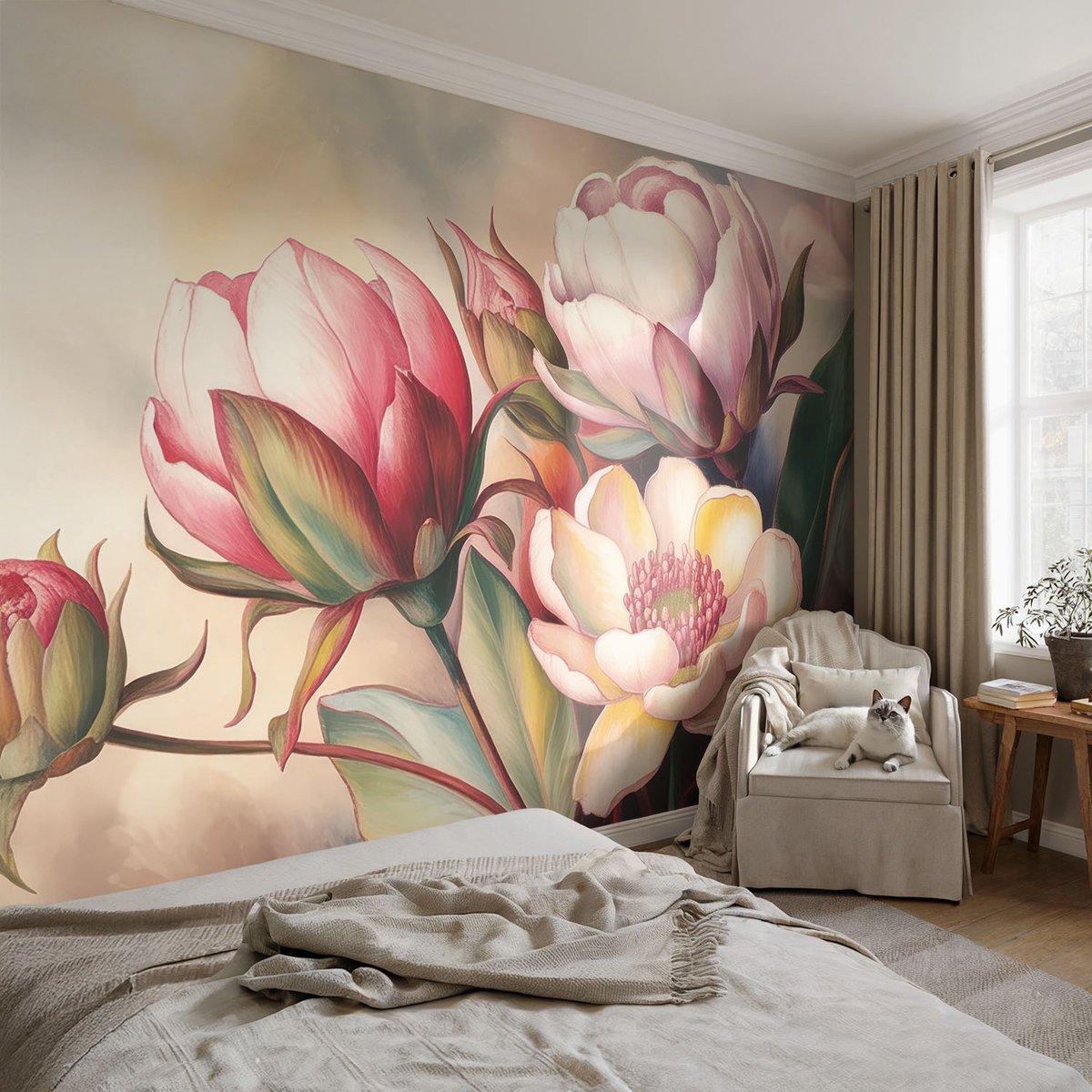 Coloray Vliesbehang - Wit Snellijm Behang - 104x70 cm - Een Boeket Bloemen Fotobehang Vlies - Hal behang Bloemen En Planten - Muurschildering - Woonkamer behang