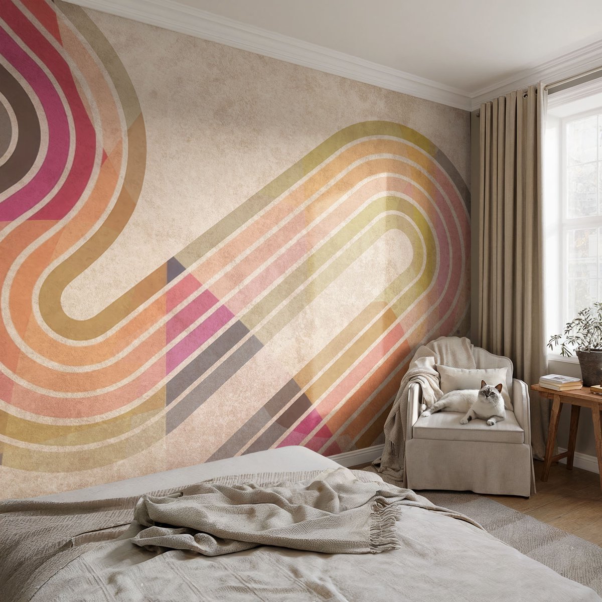 Coloray Vliesbehang - Beige Snellijm Behang - 104x70 cm - Geometrische Lijnen Muurschildering - Gang behang Abstractie - Fotobehang Vlies - Gang behang