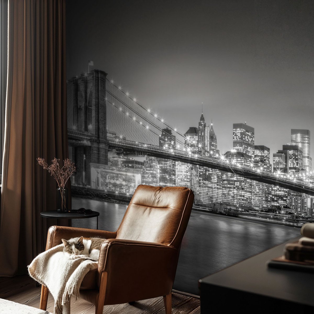 Coloray Vliesbehang - Zwart-Wit Snellijm Behang - 104x70 cm - De Metropoolbrug Muurschildering - Slaapkamer behang Steden - Fotobehang Vlies - Slaapkamer behang