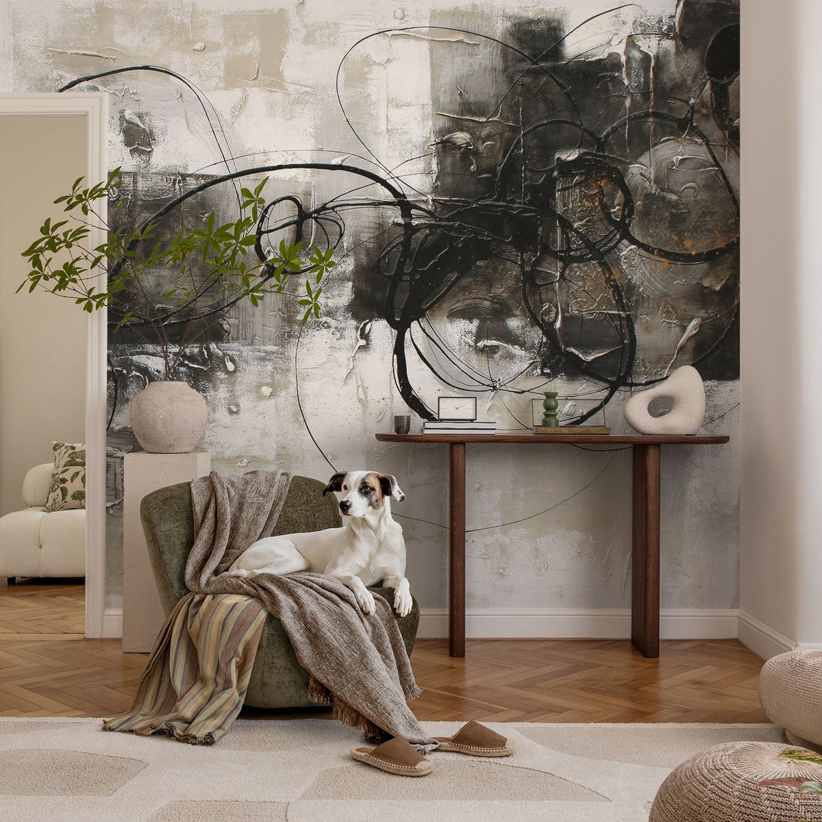 Coloray Vliesbehang - Zwart Snellijm Behang - 104x70 cm - Abstracte Wervel Fotobehang Vlies - Hal behang Abstractie - Muurschildering - Woonkamer behang