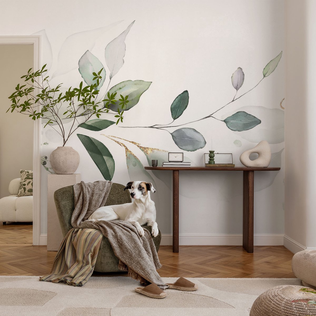 Coloray Vliesbehang - Wit Snellijm Behang - 104x70 cm - Groene Bladeren Fotobehang Vlies - Woonkamer behang Bloemen En Planten - Muurschildering - Hal behang