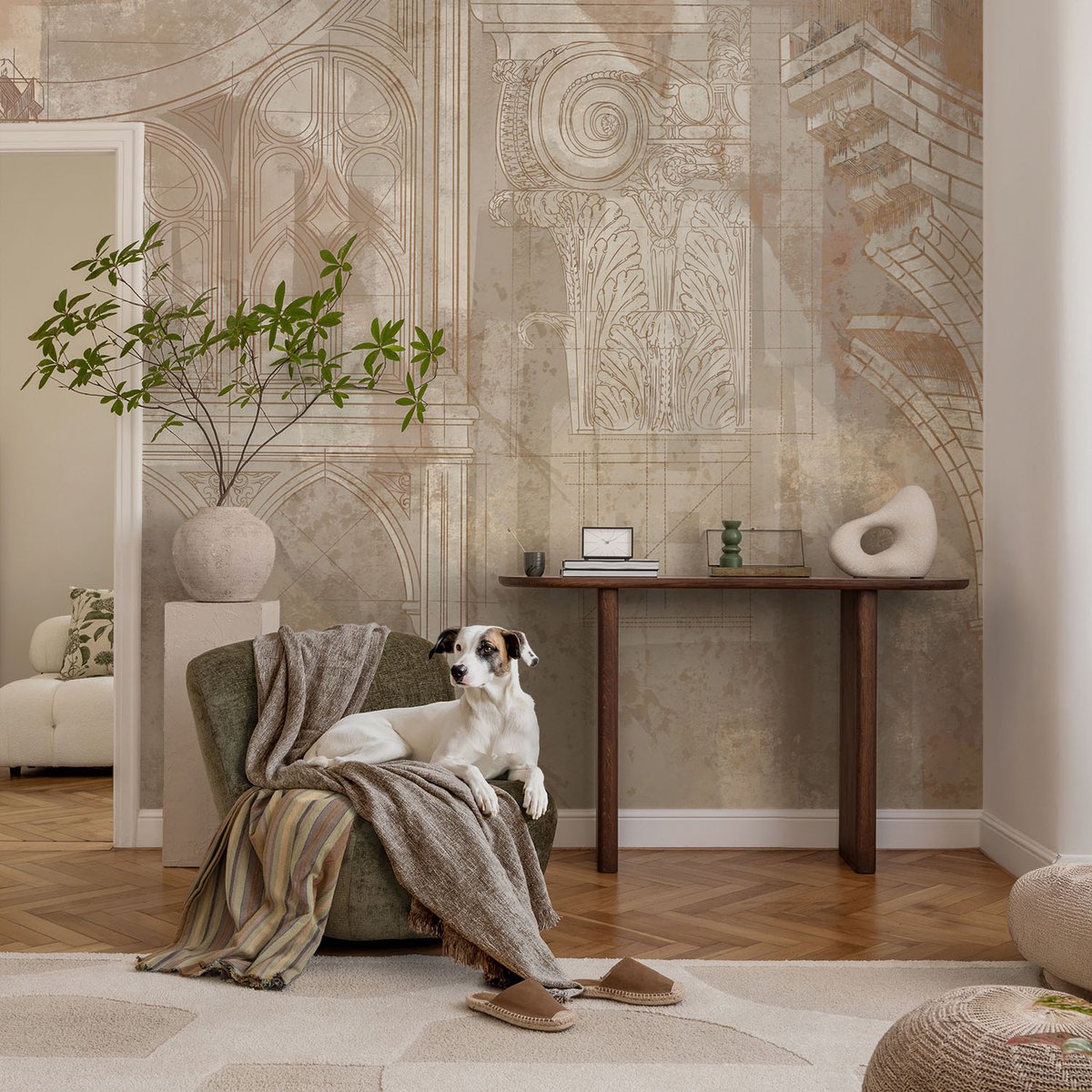Coloray Vliesbehang - Wit Snellijm Behang - 104x70 cm - Historische Ornamenten Fotobehang Vlies - Woonkamer behang Architectuur - Muurschildering - Woonkamer behang