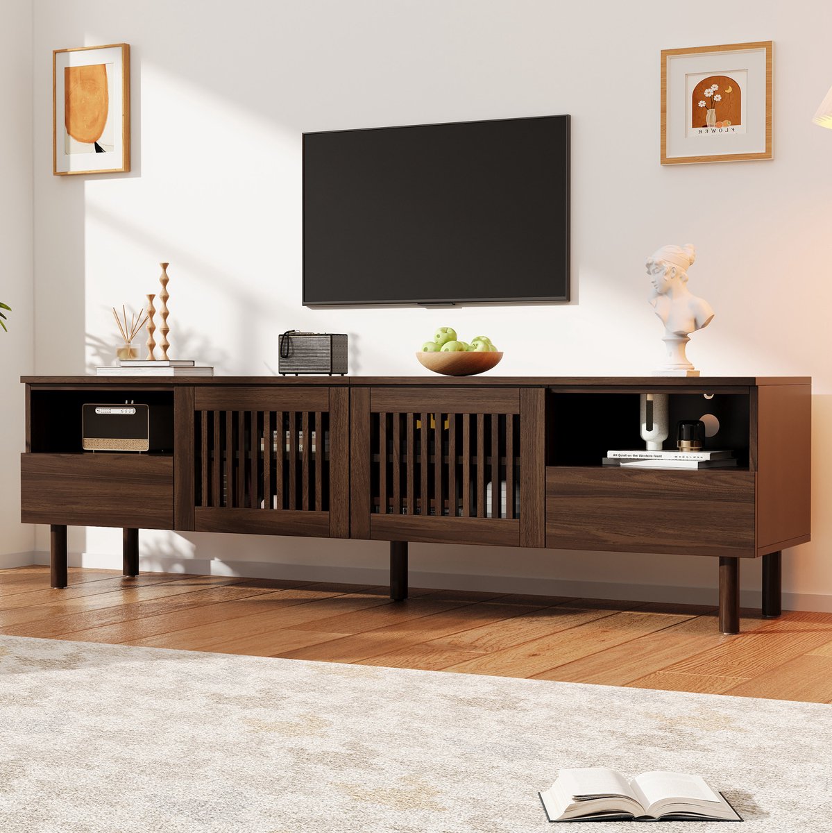 FloraGrace Tv-Meubel - 2 Deuren, 2 Lades En Open Vakken - Voor Woonkamer - MDF En Hout - 180x40x51 Cm - Walnootkleur