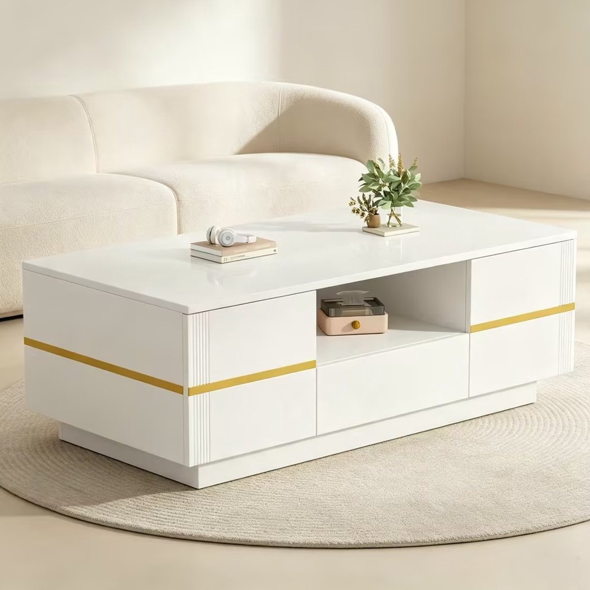 FloraGrace Salontafel - Hoogglans Met Lade En Opbergruimte - Voor Woonkamer - MDF - 100x50x35,5 Cm - Wit Met Gouden Accenten