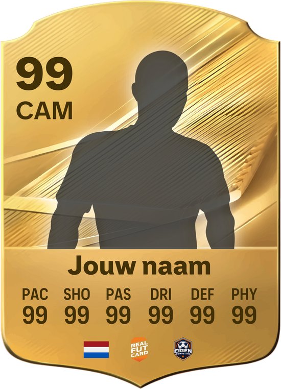 Gouden voetbalkaart met silhouet, 99 CAM, met statistieken.