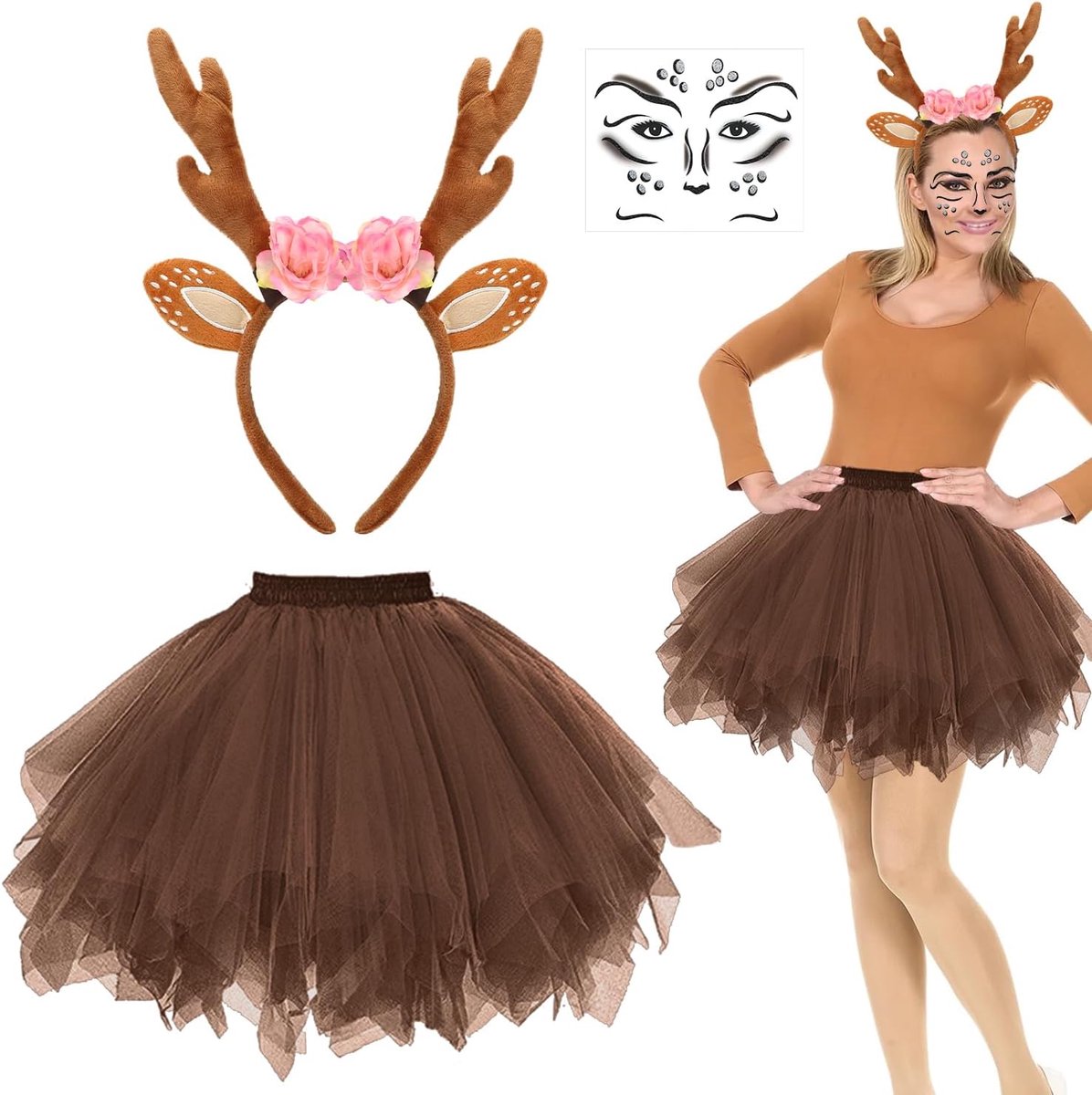 Hertenkostuum voor dames, hertenhaarband + hert tattoo gezicht + tule rok, bruin hert, rendierkostuum, dierenkostuum, accessoires voor carnaval, Halloween, cosplay party