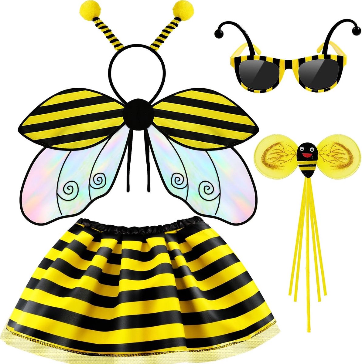 Bijenkostuum voor kinderen met bijenvleugels, rok, hoofdband, zonnebril, toverstaf, bijenkostuum voor kinderen, vleugelkostuum voor meisjes, carnaval, Kerstmis, cosplay, Halloween