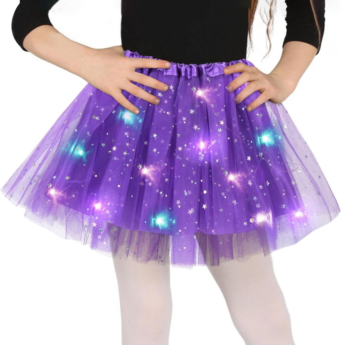 rok voor meisjes, dansjurk met pailletten, sterren, 30 cm, elastische minirok met ledverlichting, tutu-rok voor carnaval, Halloween, balletjurk voor meisjes van 3 tot 8 jaar