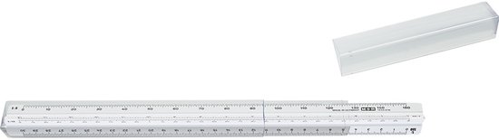 Witte kunststof schaalstok van 30 cm met schalen 1:2,5, 1:5, 1:10, 1:20, 1:50, 1:100.