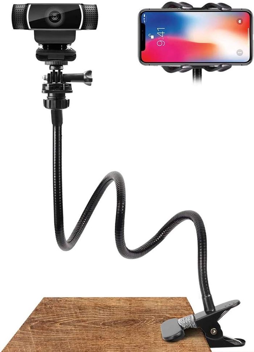 verstelbare webcamstandaard, telefoonhouder, telefoonstandaard met universele 1/4 inch schroeven, flexibele arm, 360 graden draaibaar, bureaubed, zwanenhalshouder voor