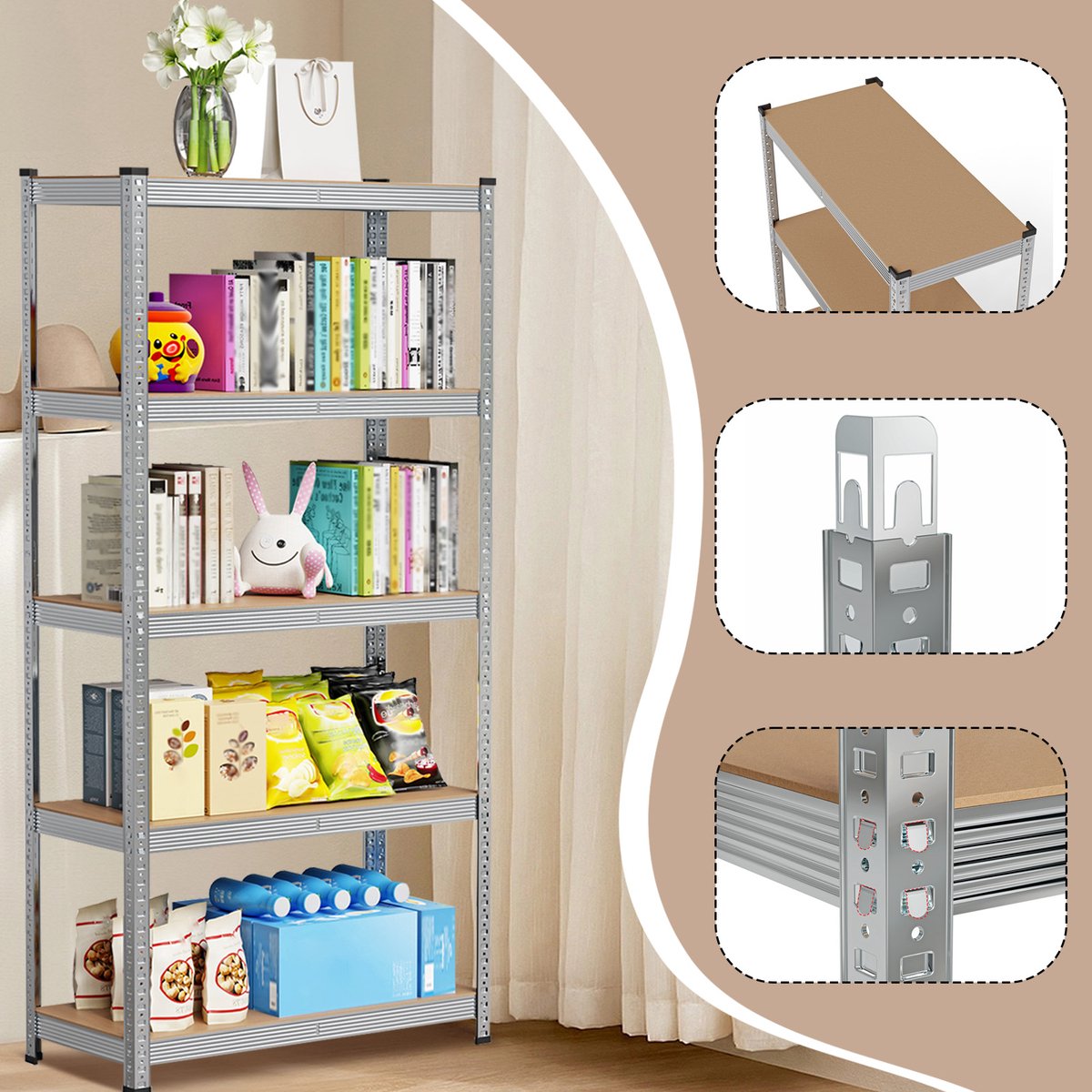 PIPIPOXER Stellingkast - Opbergrek met 5 planken - Metalen Opbergrek- Opbergrek - Badkamerrek - Magazijnstelling - voorraadkast - 40 x 90 x 180cm - zilver+Houtkleur