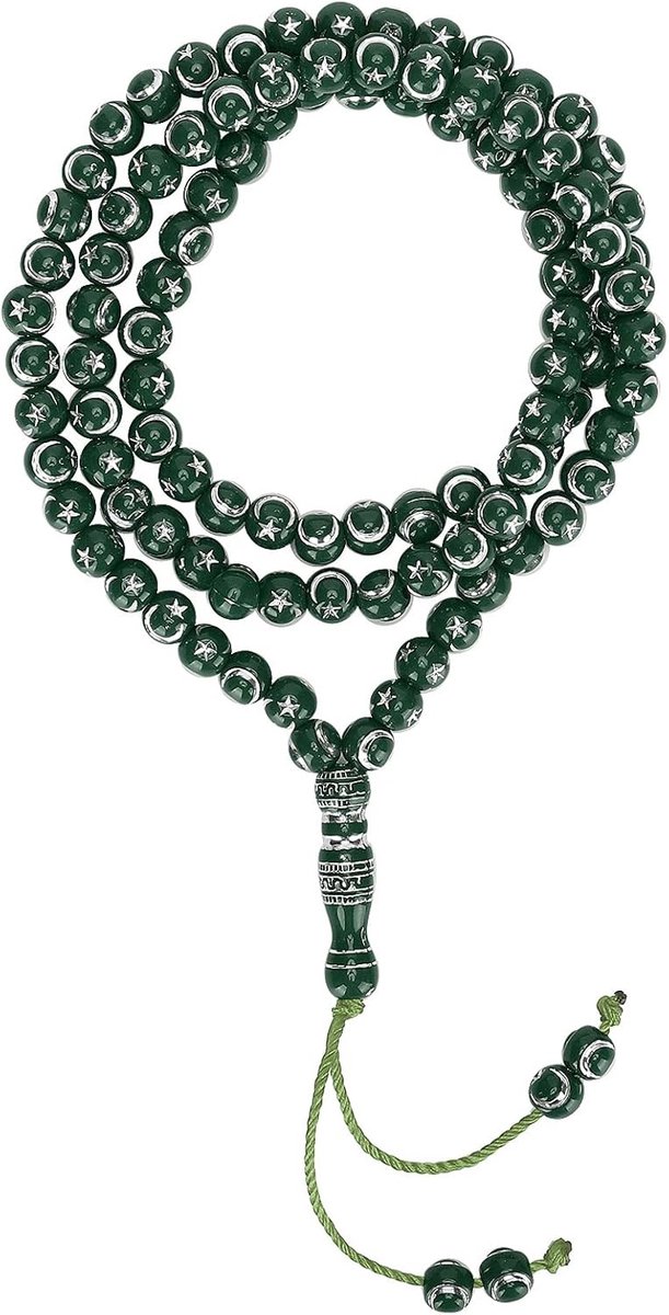 Rosary Prayer Mala met 99 Parels van Hars voor Islamitische Gebeden en Meditatie, 49 cm Lang, Groene Kleur, Religieus Accessoire voor Spirituele Praktijken