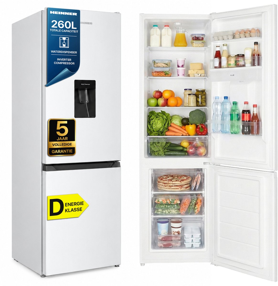 Heinner HC-HM260INVWDD Koel-vriescombinatie met Waterdispenser – 260 L – Elektronische Temperatuurregeling – Omkeerbare Deur – Wit – 5 Jaar Garantie
