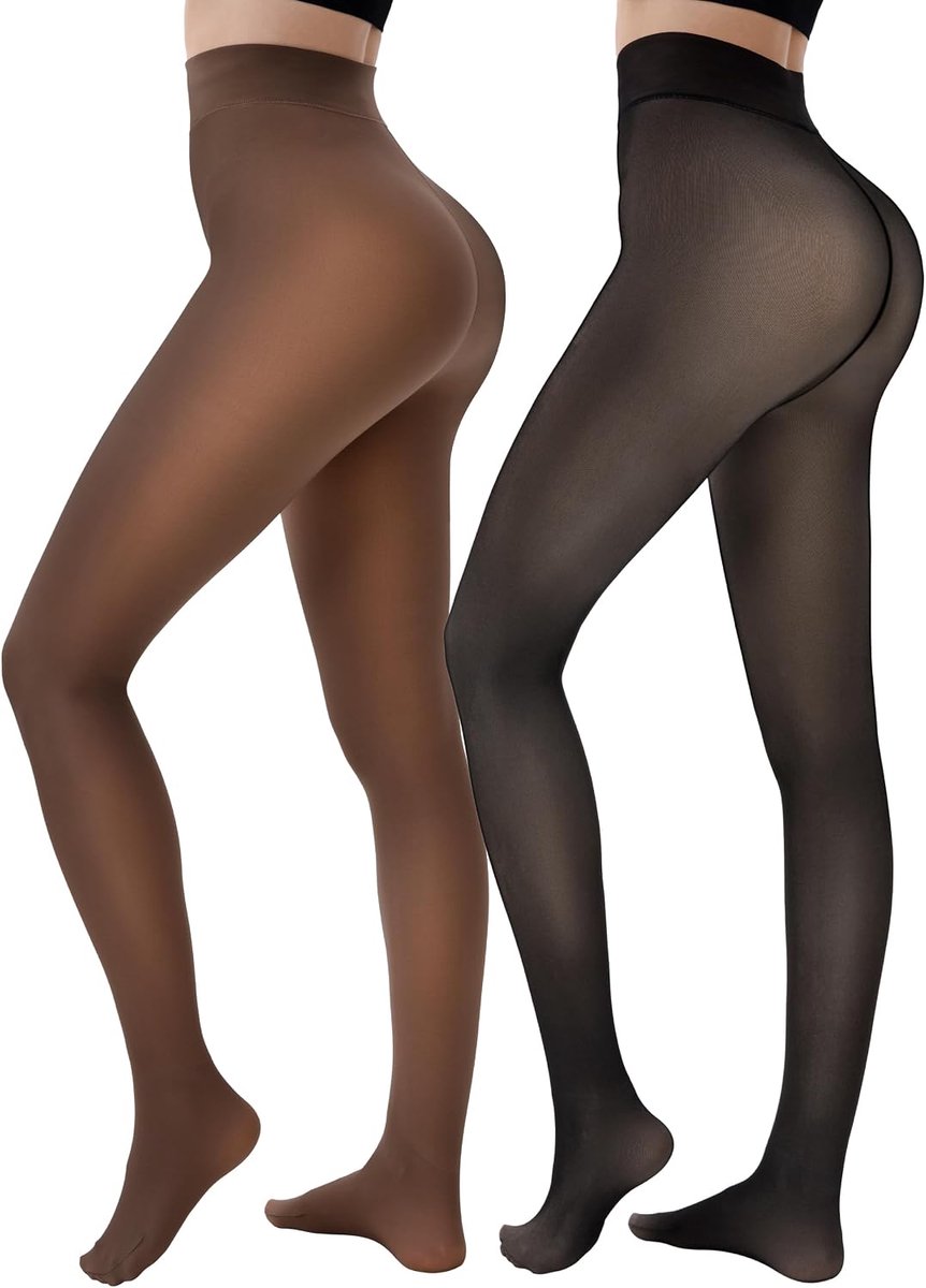 2x Dames Panty met Fleece Voering - Warme Winterpanty - Transparant effect Zwart & Bruin - Elastische Thermische Kousen voor Dames, Herfst en Winter L