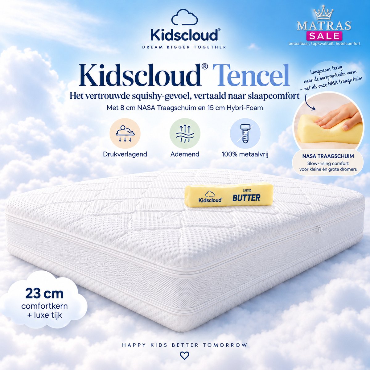 Kidscloud Squishy Tencel Kindermatras 90x200 cm – 23 cm – NASA Traagschuim & Hybri-Foam wit