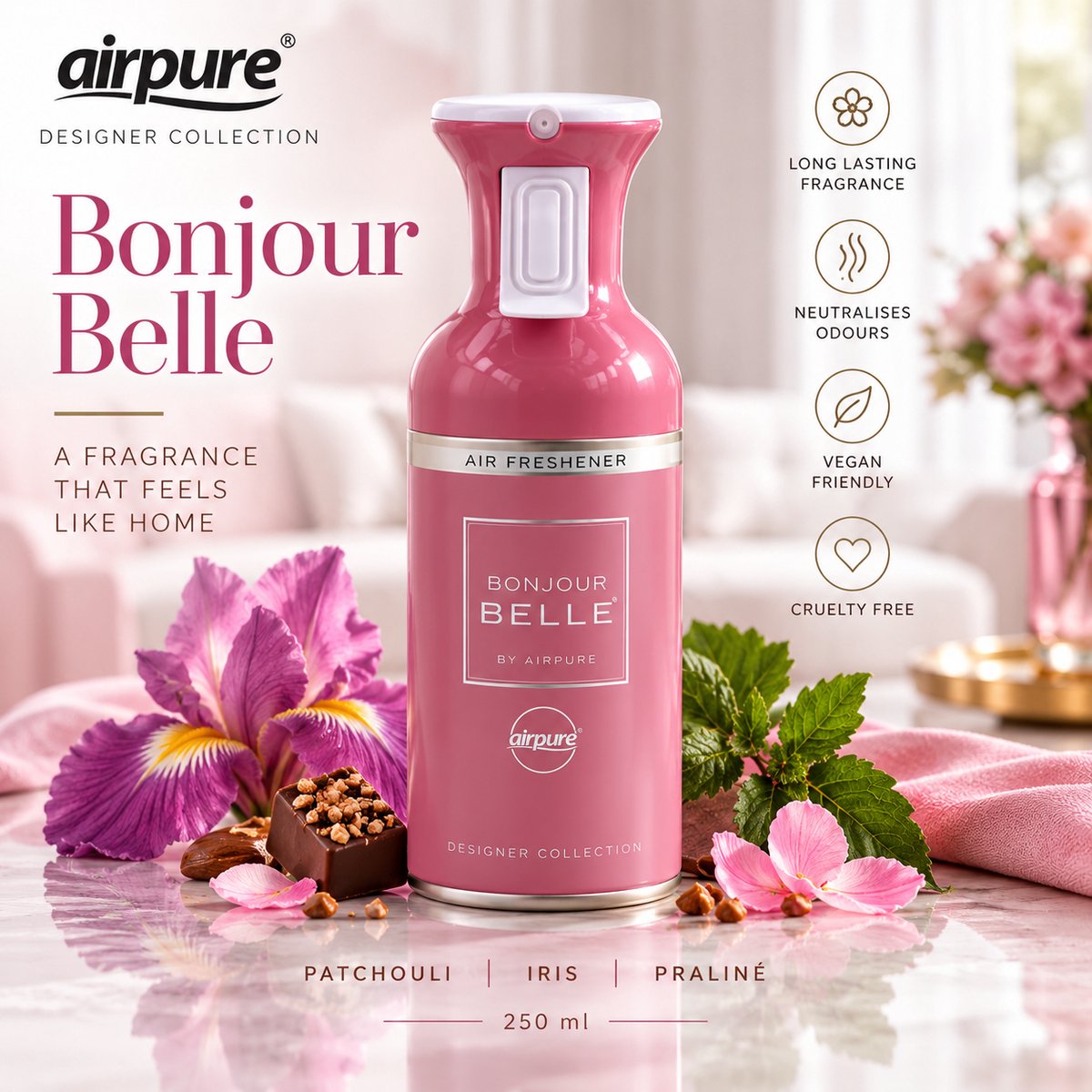 Airpure Designer Collection Bonjour Belle Luchtverfrisser 250 ml – Roomspray – Patchouli, Iris & Praliné – 1 Stuk