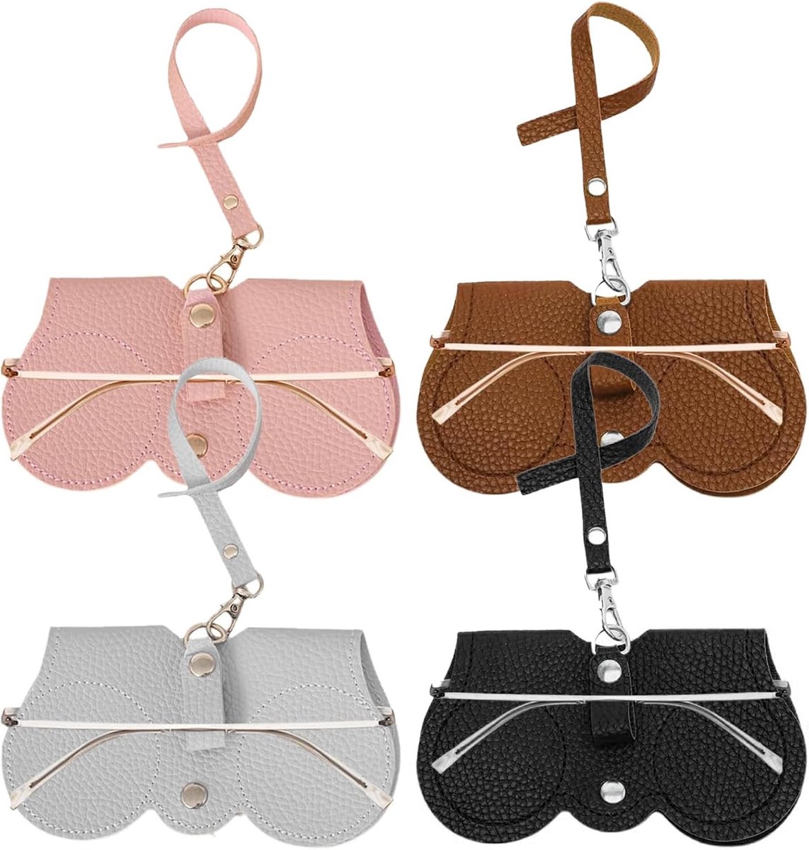 Set van 4 Zachte Leren Brillenhoezen, Draagbare Brillenbescherming, Geschikt voor Diverse Brillen en Modeaccessoires (Khaki, Zwart, Lichtgrijs, Roze)
