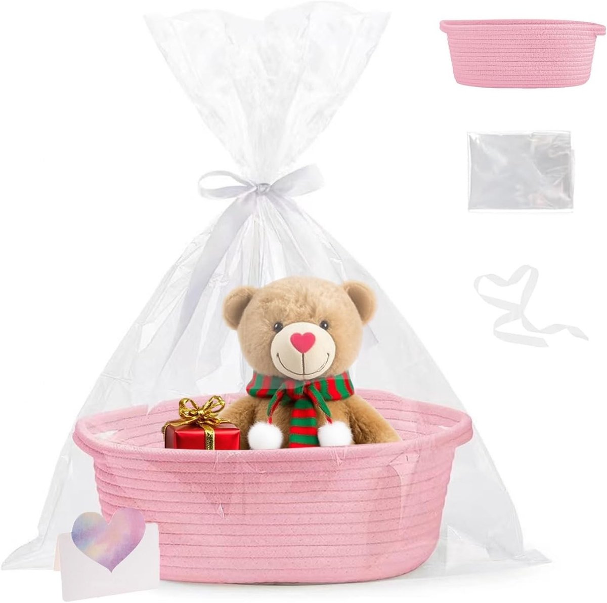 Cadeaumand van Katoen, Geweven Mand met Handvat, Inclusief Cadeautasjes en Ribbons voor Feestjes, Verjaardagen en Bruiloften, Roze Kleur, Perfect voor Diverse Gelegenheden