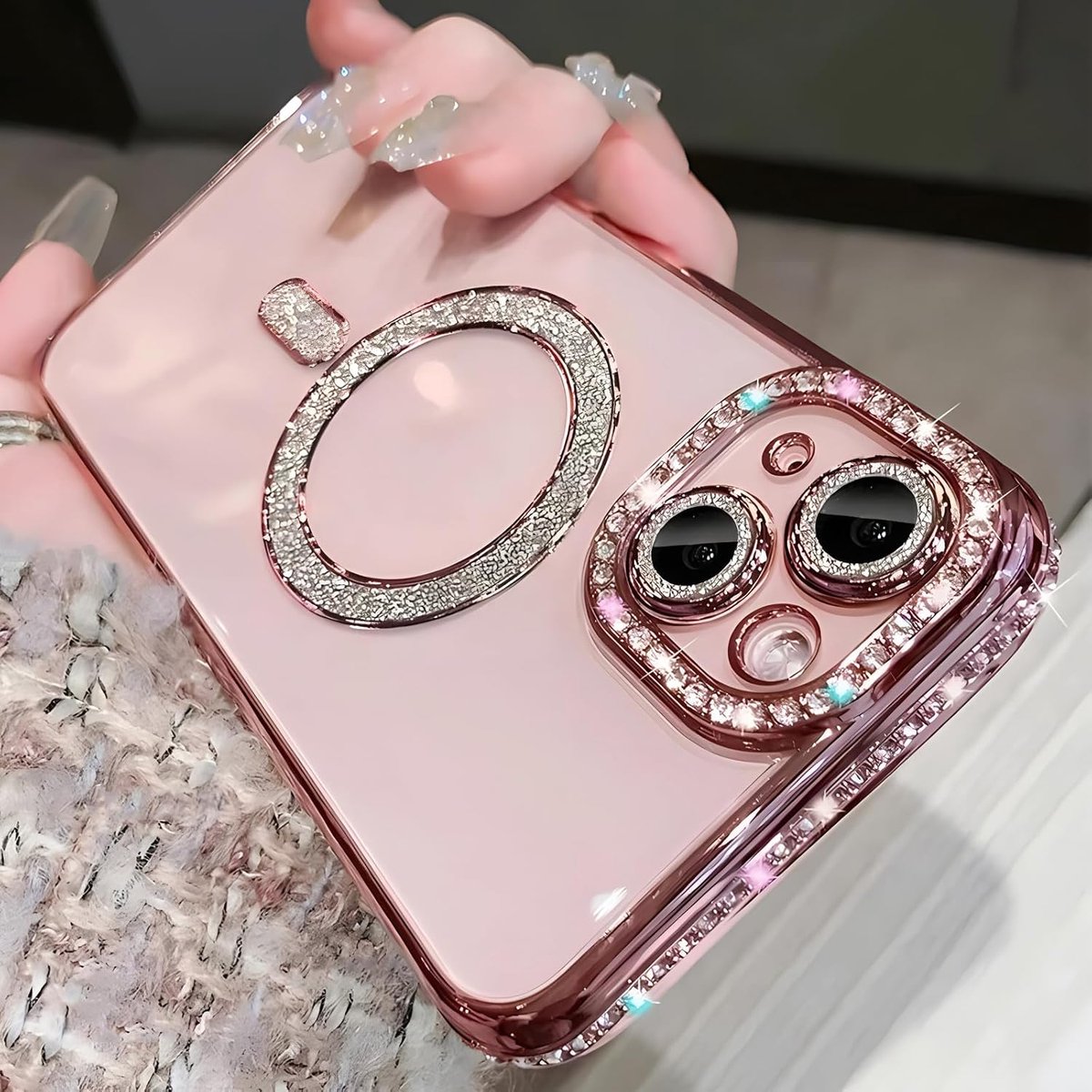 Hoesje voor iPhone 13, Edge Drilling met Mag-Safe TPU Mobiele Telefoon Hoesje Transparante Glitter Beschermhoesje Schattige Krasbestendige Bling Luxe Hoesje Cover voor iPhone 13, Roze