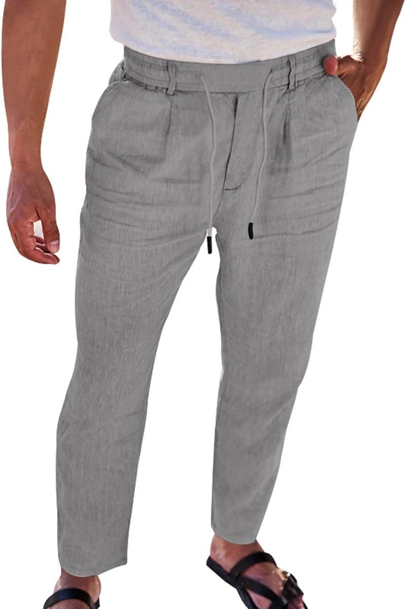 A17 Linnen broek voor heren, zomerbroek, vrijetijdsbroek, luchtig, trekkoord, elastische tailleband, zakken, strandbroek, vakantie, yoga broek