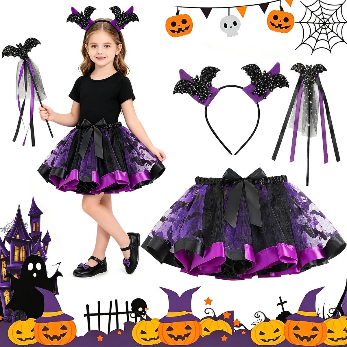 Halloween Heksen Kostuum, 3-Delige Halloween Set Inclusief Vleermuis Tutu Rok, Vleermuis Haarband en Handaccessoire, voor Halloween, Verjaardagen en Diverse Feestkleding