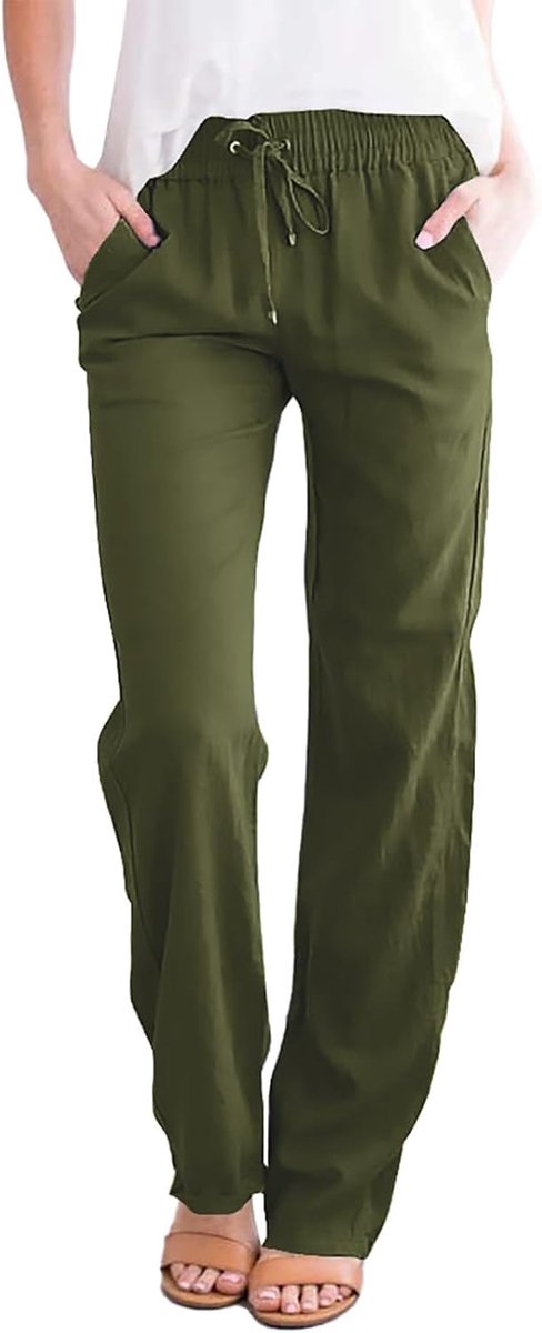 Linnen broek voor dames, lang, licht, losse pasvorm, casual, met zakken, voor vakantie en strand, 7/8