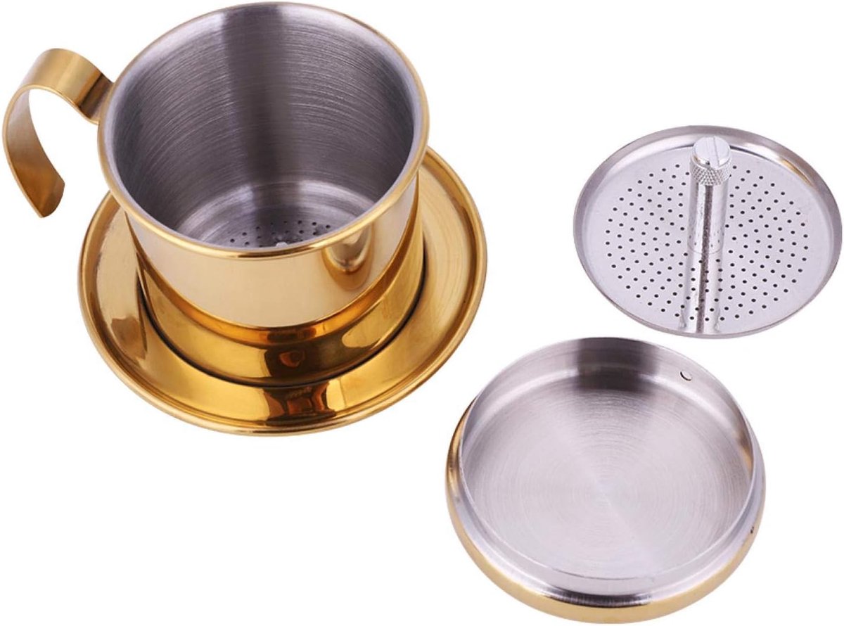 Koffiezetapparaat Hittebestendige keuken Koffiepot voor huishouden Moka Pot Kachel Top Koffiezetapparaat Espresso roestvrijstalen kop Vietnamese koffiedruppelfilter Maker Zetgroep Thuis(Goud)