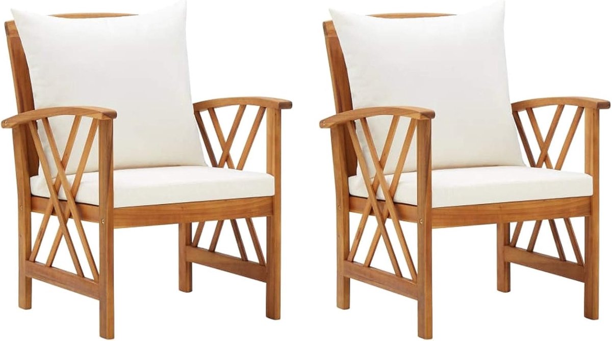 Set van 2 stoelen, armleuningen, fauteuils, tuin, massief acaciahout, met kussen, 59 x 67 x 83 cm, houten tuinstoel voor de tuin, stoel voor buiten