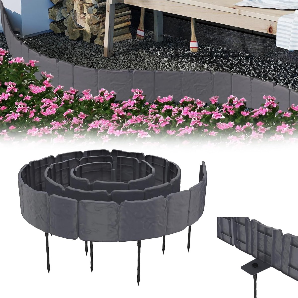 5 m Gazonrand, steen, 20 stuks, met gronddoornoppen, bloembedrand, kunststof perkrand, maaikant, grondpen, bloembed, ideaal voor tuinen, terrassen, balkons, antraciet