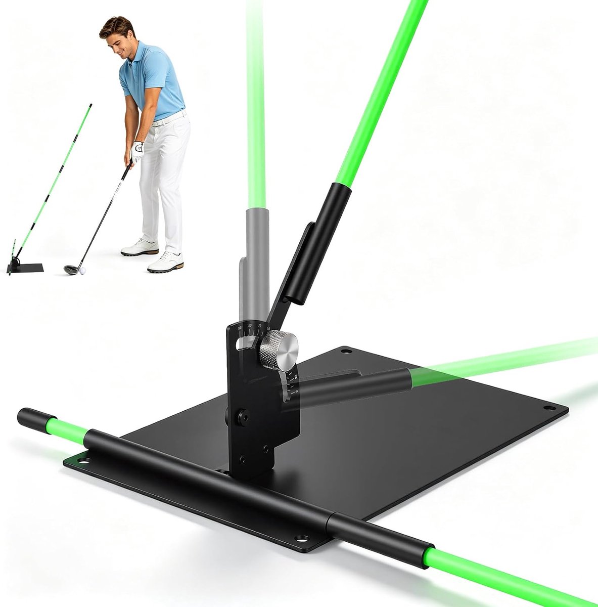 Swingtrainerset met ijzeren plaat en 2 x 1 m golfuitlijningstokken, professionele golfswingtrainer met houder voor zwaaibeweging en uitlijning, golftrainingshulp voor zwaaicorrectie en