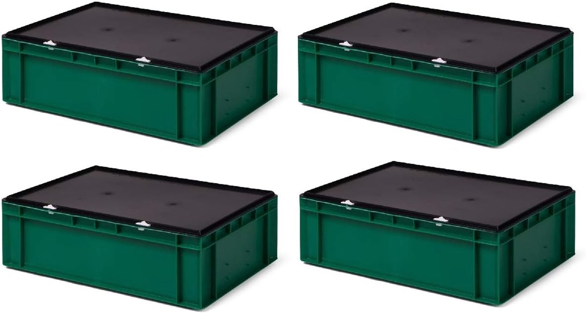 4 stuks TK617-VD, Transportstapelbak groen met zwart afsluitdeksel, 600x400x186/175 mm (LxBxH), volume 33 liter, draagvermogen 45 kg, voedselveilige industriekwaliteit van PP